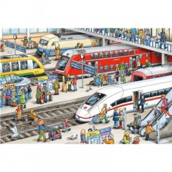 Schmidt Spiele - Puzzle - Am Bahnhof,  mit add on (Kofferanhänger Schnellzug), 60 Teile
